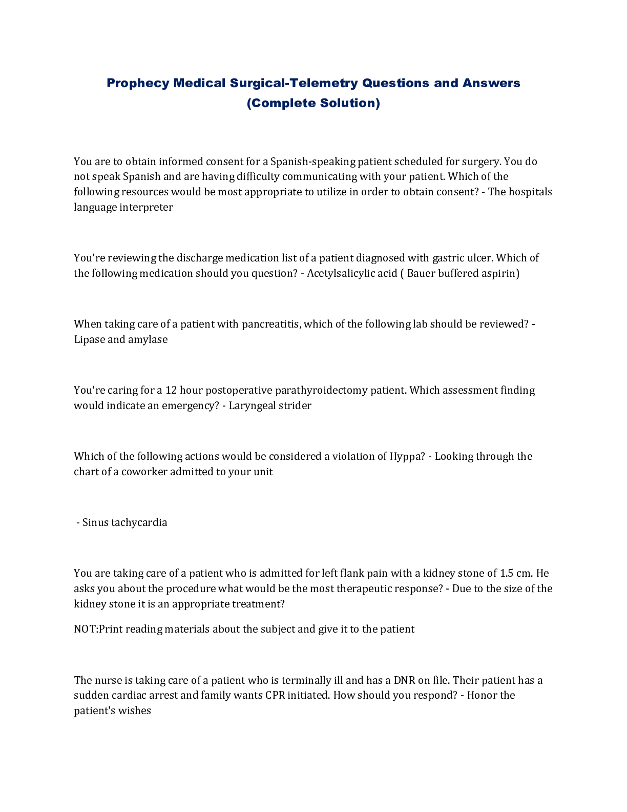 Preview image for Prophecy Medical Surgical-Telemetry Questions and Answers (Complete Solution)